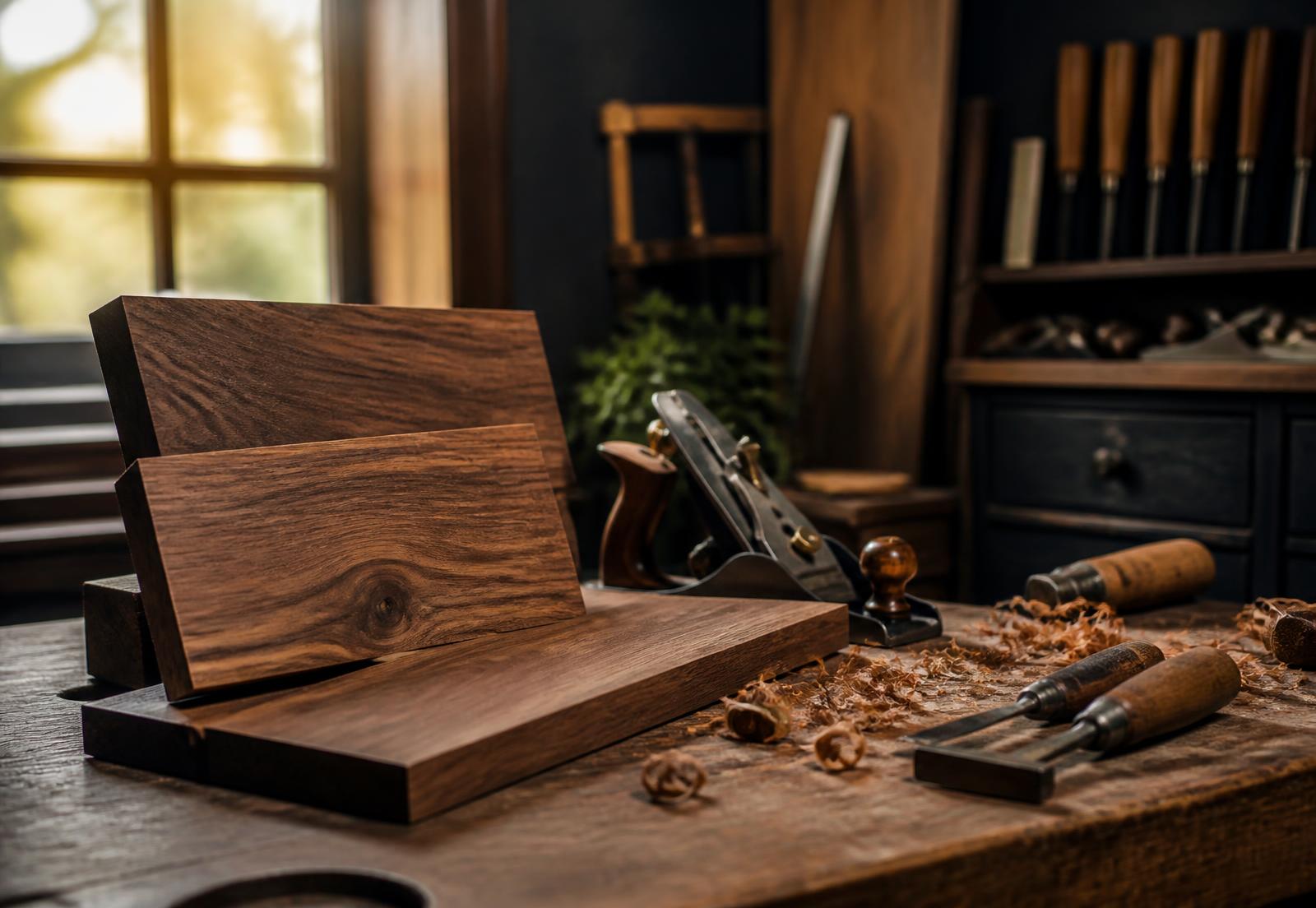 Walnut boards, a hand plane and chisels arranged on a woodworking workbench in a sunlit workshop