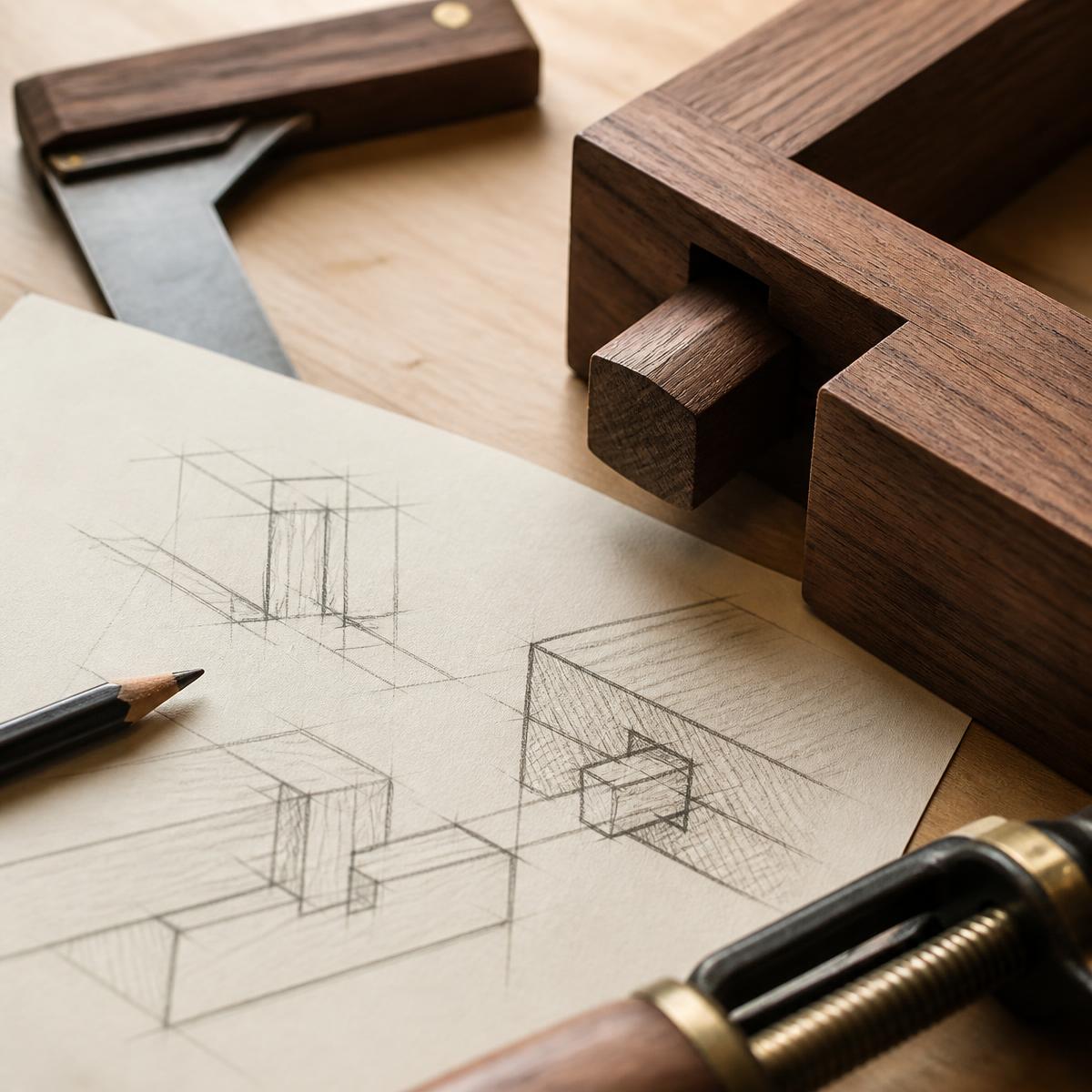Pencil sketches of a woodworking plan on cream paper next to a mortise-and-tenon joint, try square and clamp